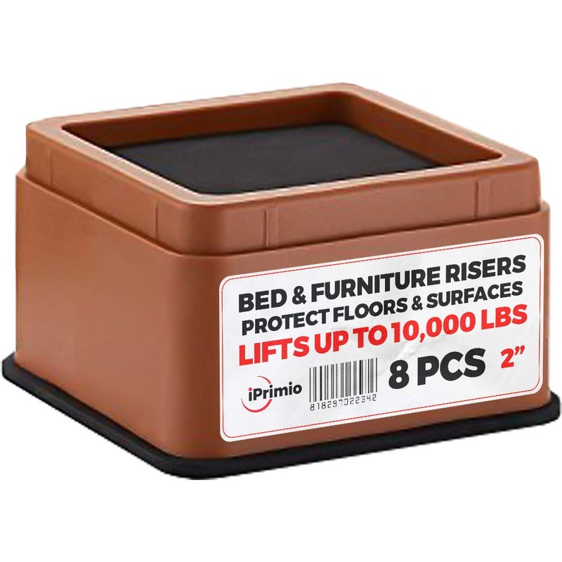 iPrimio Bed Risers - Square, 2 Inch Lift, Heavy Duty, 8 Pack, Up to 10000lbs - Bed Raising Blocks, Furniture Risers - Safe, Sturdy Bed Lifts for College Dorm Rooms, Couches, Tables, Desk Riser - Image 1